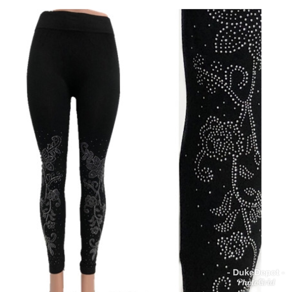 Black Rhinestone High Rise Leggings - Picture 1 of 8